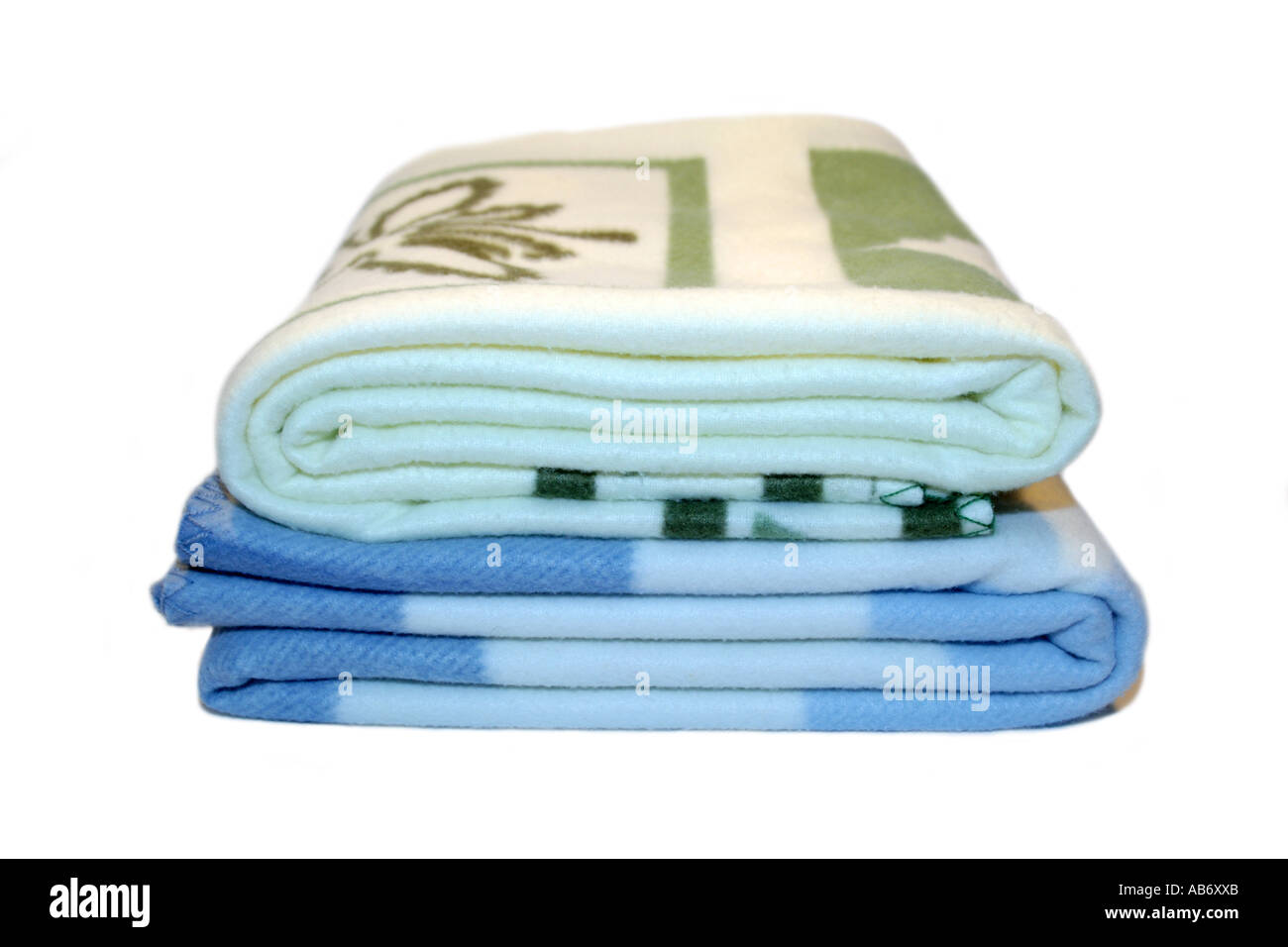 A Soft blue check and a green patterned Blankets Stock Photo