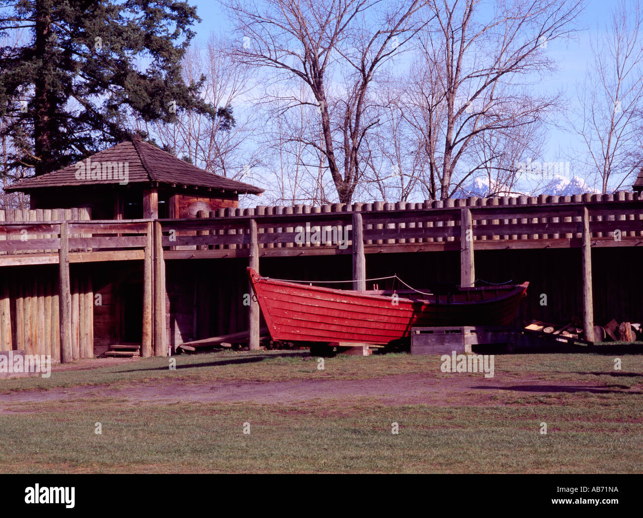 A Bastion and a Supply Bateau at Fort Langley in the Fraser Valley of Southwestern British Columbia Canada Stock Photo