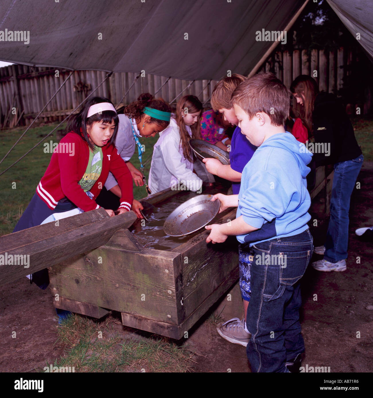 Schoolchildren panning for Gold at Fort Langley in the Fraser Valley of