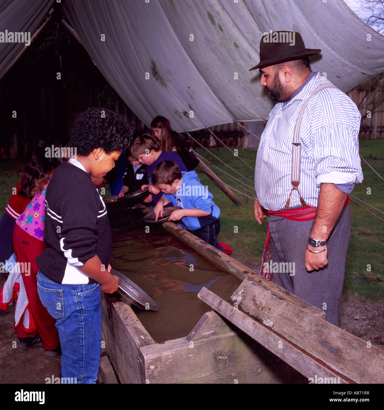 Schoolchildren panning for Gold at Fort Langley in the Fraser Valley of