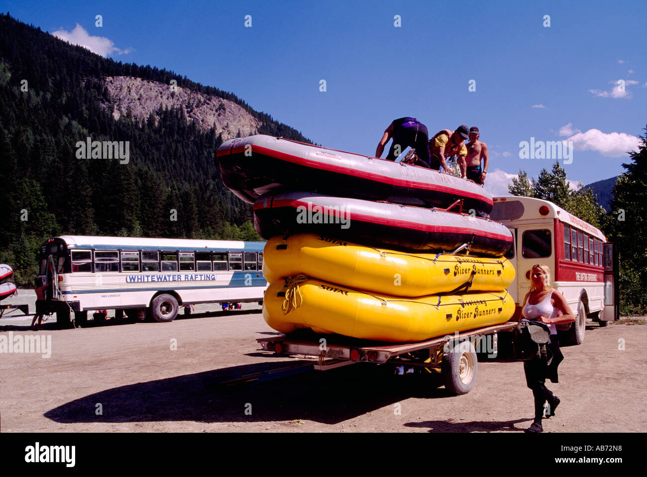 Preparing Rafts for White Water Rafting on the Kicking Horse River near Golden in the Canadian Rockies British Columbia Canada Stock Photo