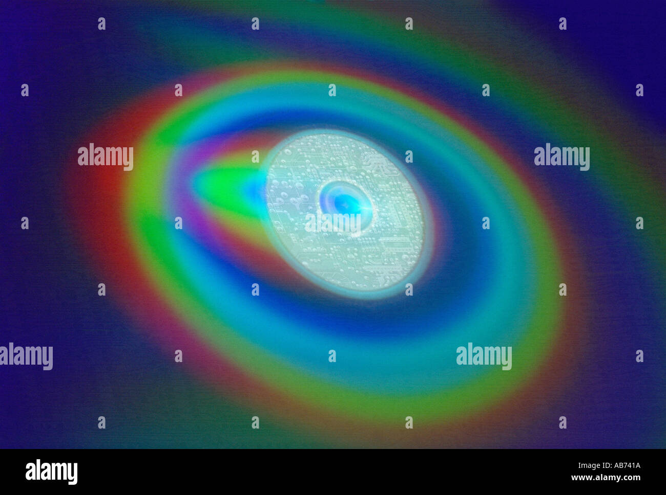 Compact disc circuits and the colours reflected from a CD Stock Photo