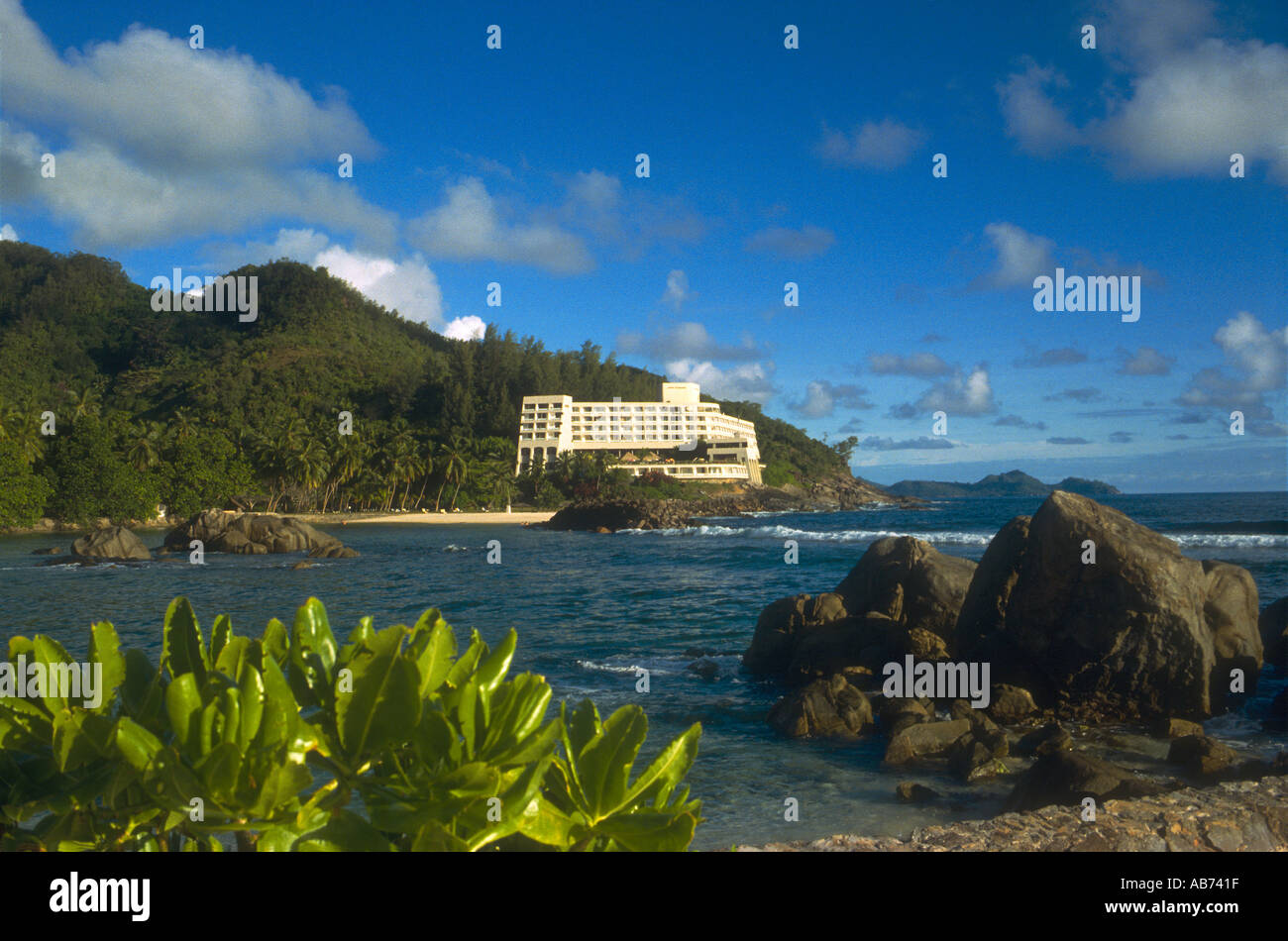 Seychelles tropical beach with luxury hotel resort Stock Photo