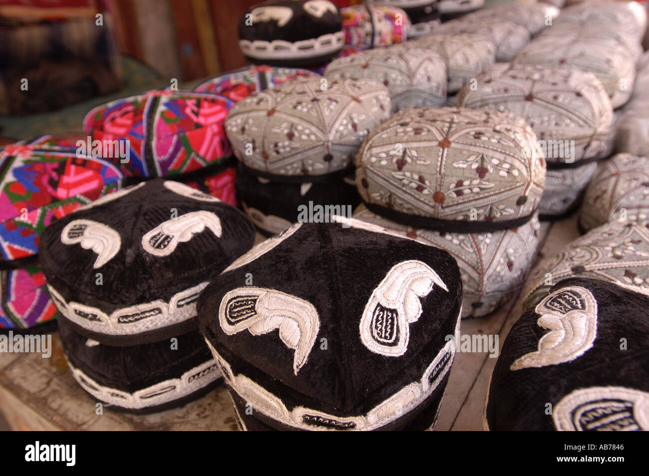 Detail of traditional hats in Kashgar China on the Silk Road Stock Photo