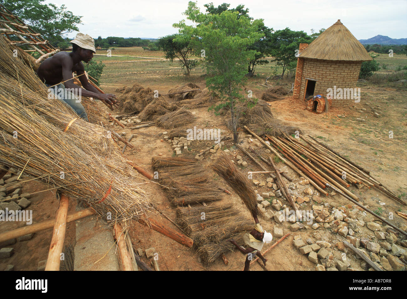 Africans laying grass thatched roofing on their rural huts in Zimbabwe