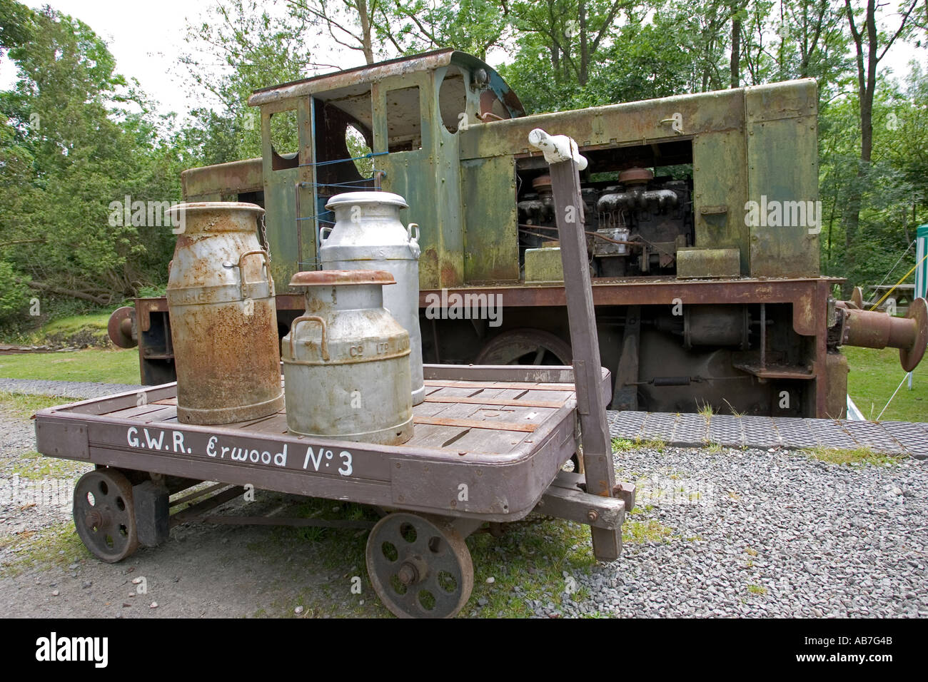 Old GWR train and milk cart at Erwood Station Llandeilo Graban near Builth Wells Wales UK Stock Photo