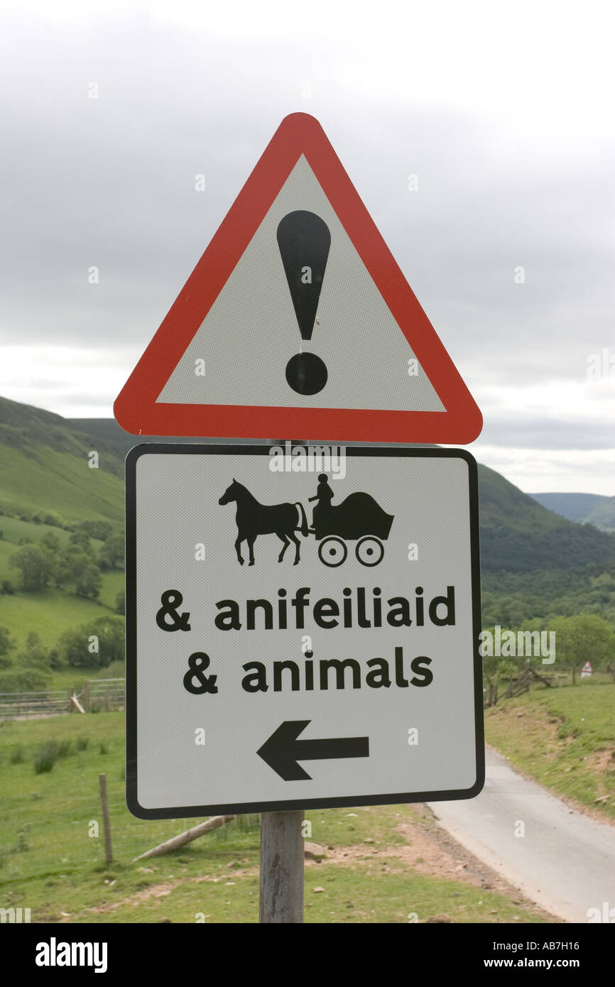 Roadside warning sign beware horse and carts Mid Wales Stock Photo - Alamy