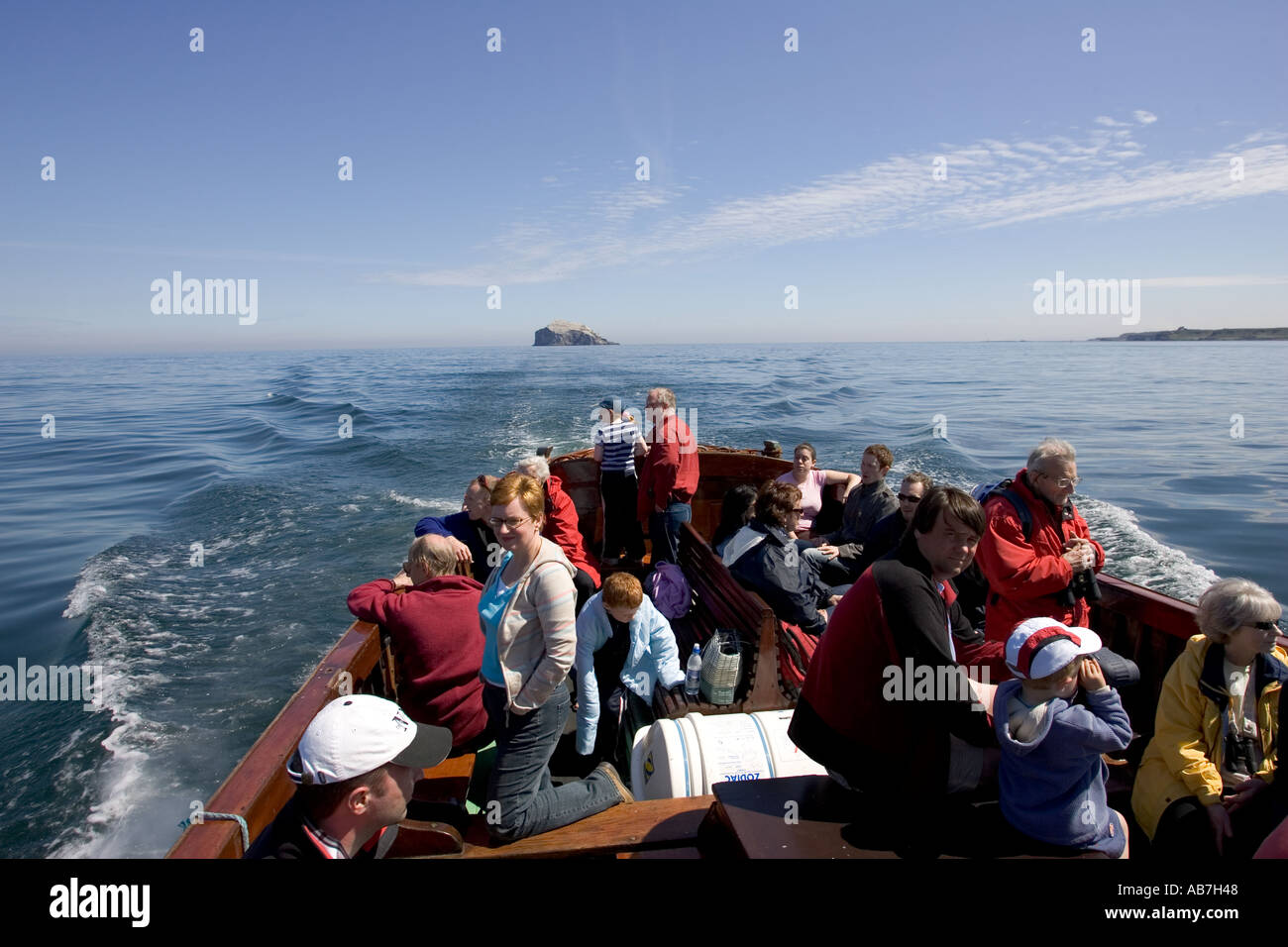 Bird watchers in boat on way to Bass Rock North Berwick Scotland Stock Photo