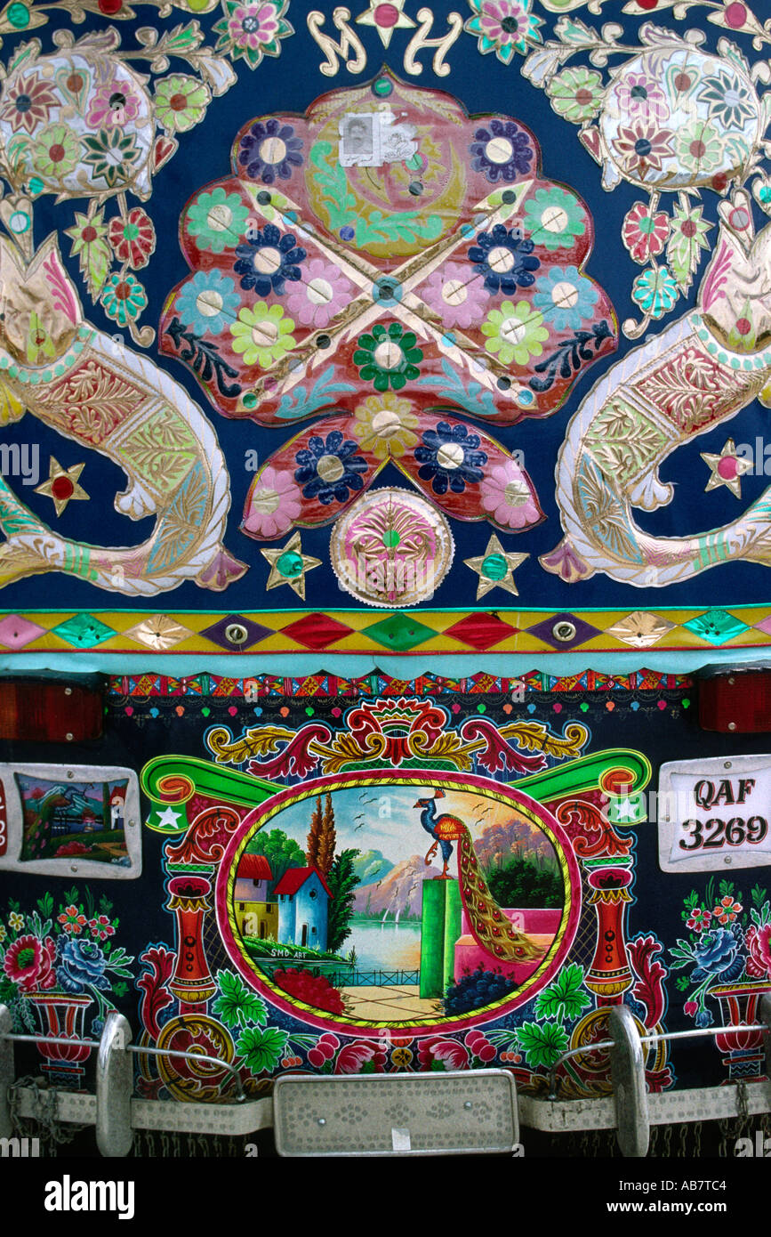 Pakistan Baluchistan Quetta decorated auto rickshaw rear detail Stock Photo