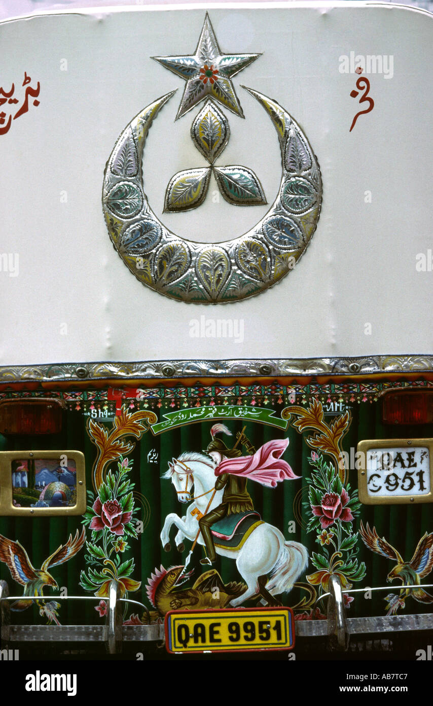 Pakistan Baluchistan Quetta decorated auto rickshaw rear detail george and dragon design Stock Photo