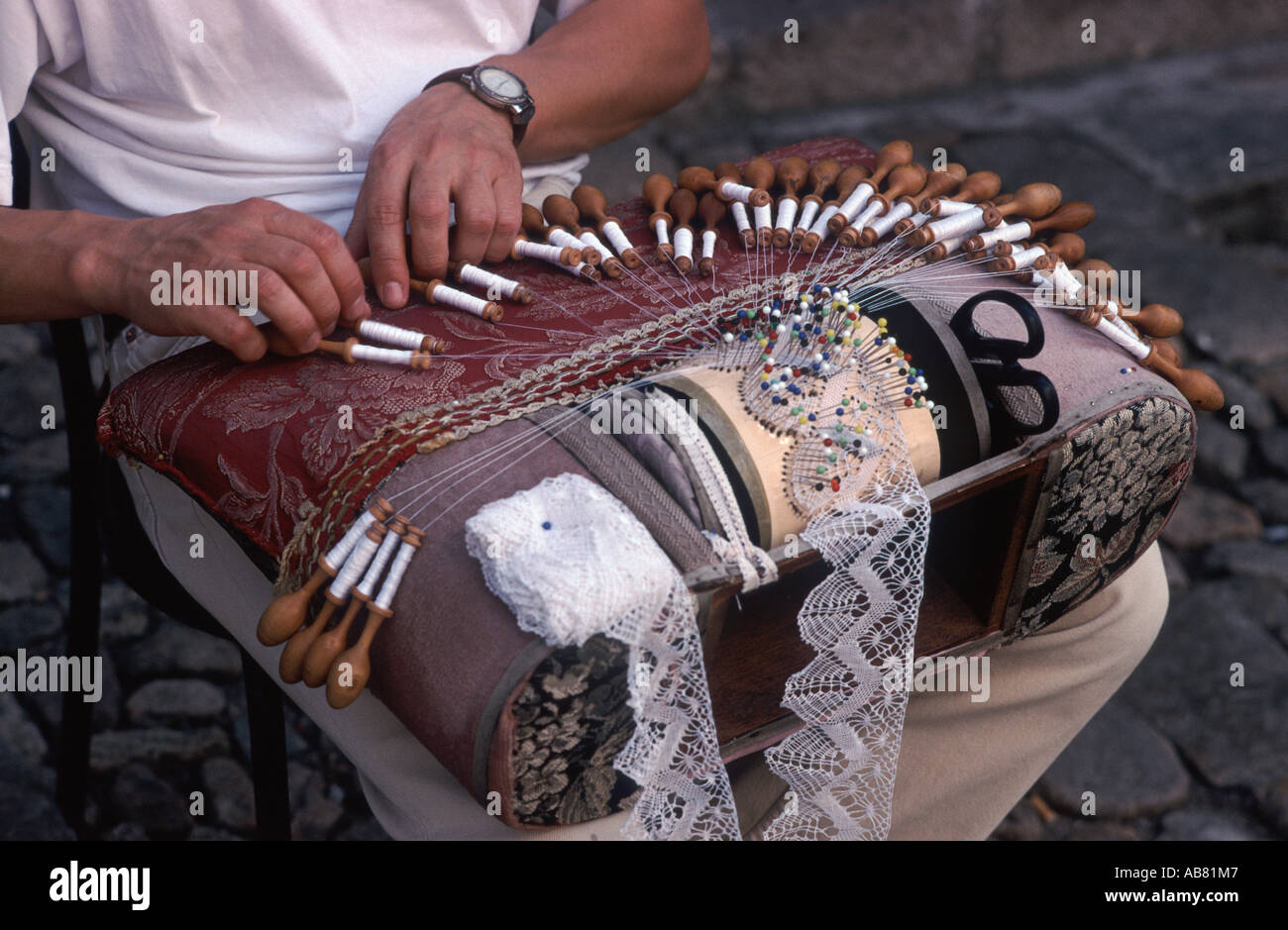 Traditional French lace making (on a laptop loom), Le Puy-en-Velay, Haute Loire, France Stock Photo