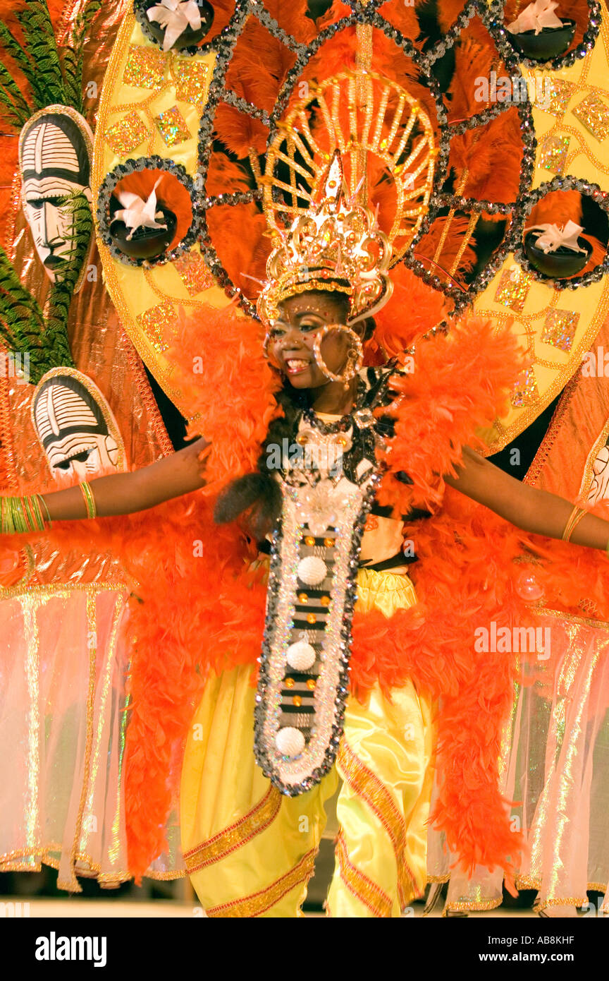 West Indies Trinidad Port of Spain Carnival 2006 Kings and Queens Junior Queen Winner in colorful costume parading Stock Photo
