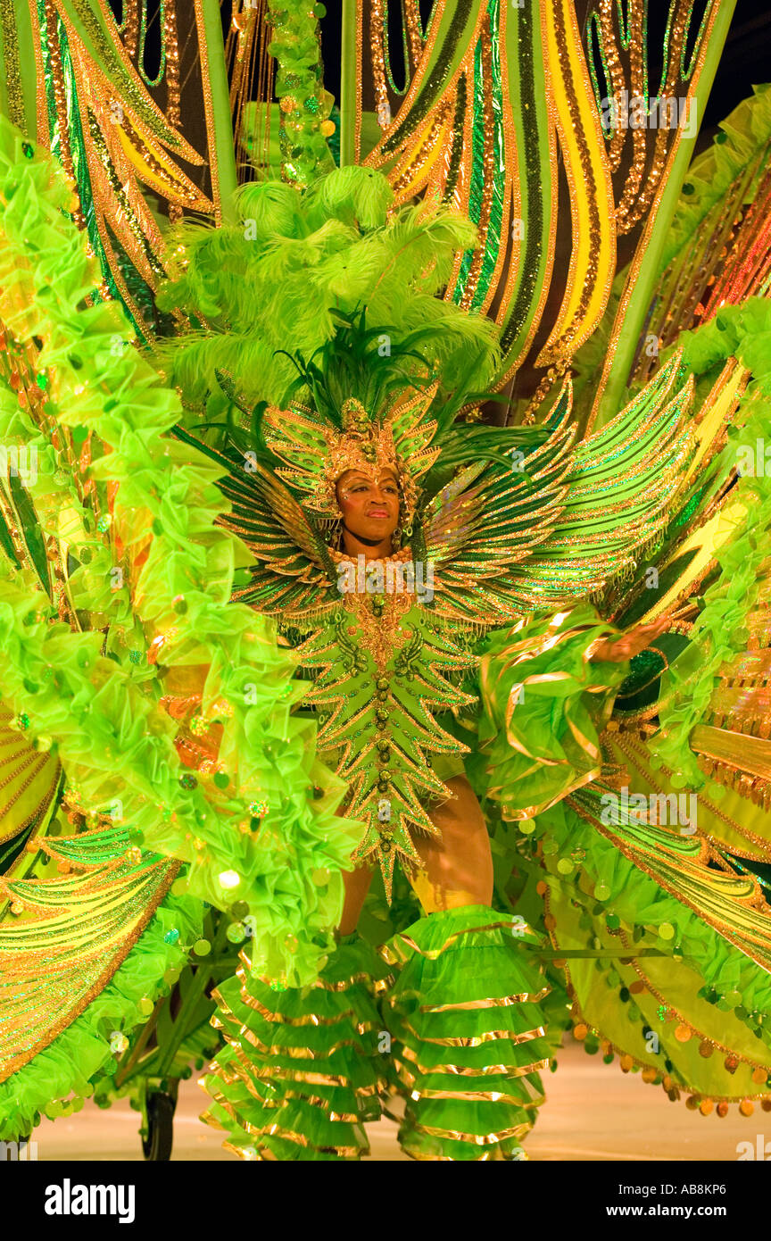 West Indies Trinidad Carnival Port of Spain King and Queen Competion on main stage Finalists in colorful elaborate costumes Stock Photo