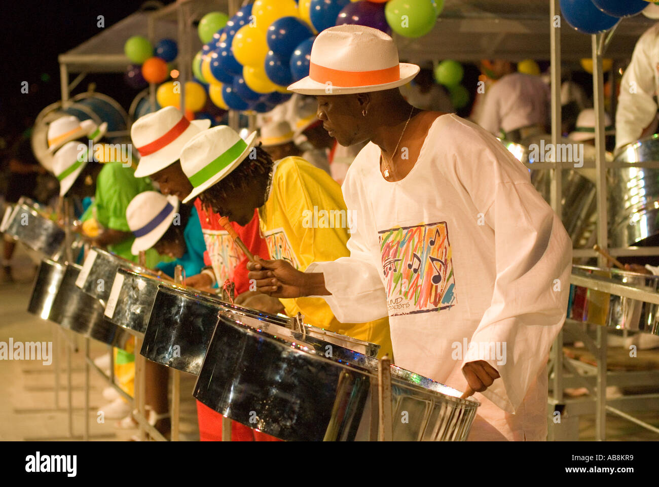 West Indies Trinidad Carnival Port of Spain Dimanche Gras Competion Steel Pan Band performing on main stage Queens Park Stock Photo