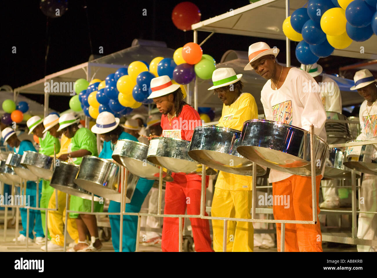 West Indies Trinidad Carnival Port of Spain Dimanche Gras Competion Steel Pan Band performing on main stage Stock Photo