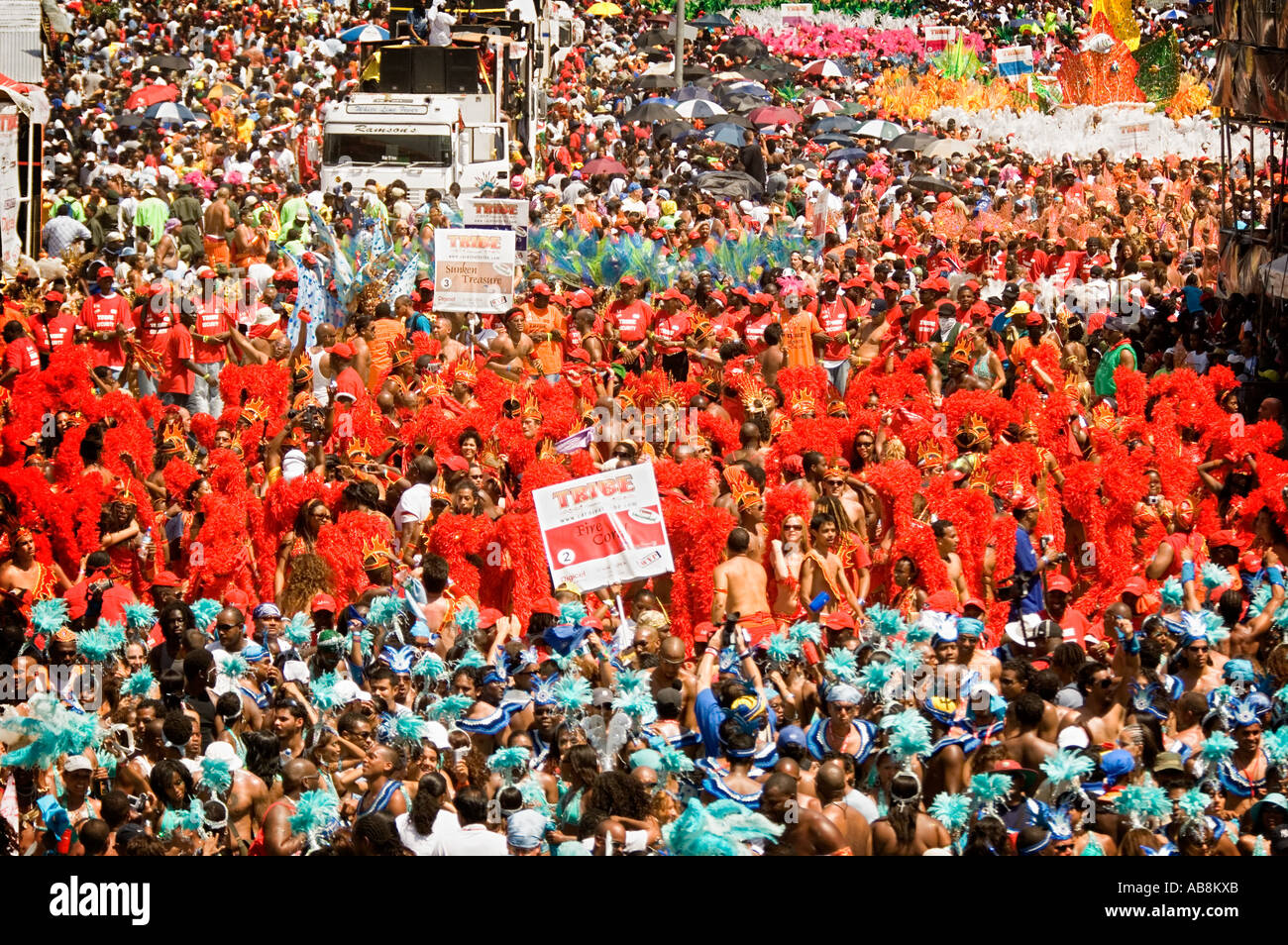 WEST INDIES TRINIDAD CARNIVAL Port of Spain Carnival Parade of bands celebrating on main stage Queens Savannah Park Stock Photo