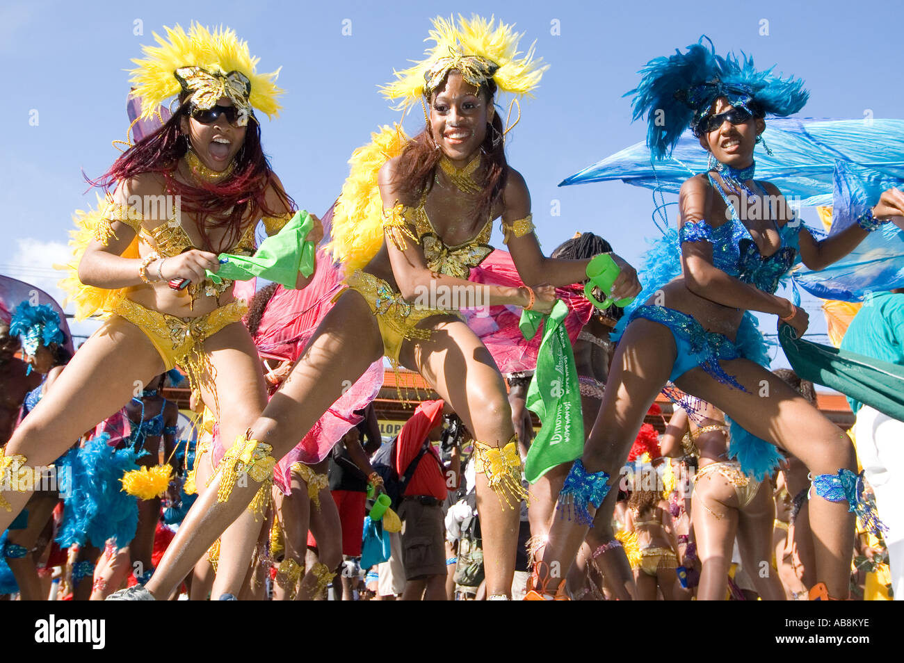 West Indies Port of Spain Trinidad Carnival Female dancers celebrating on mainstage in colorful costumes. Stock Photo