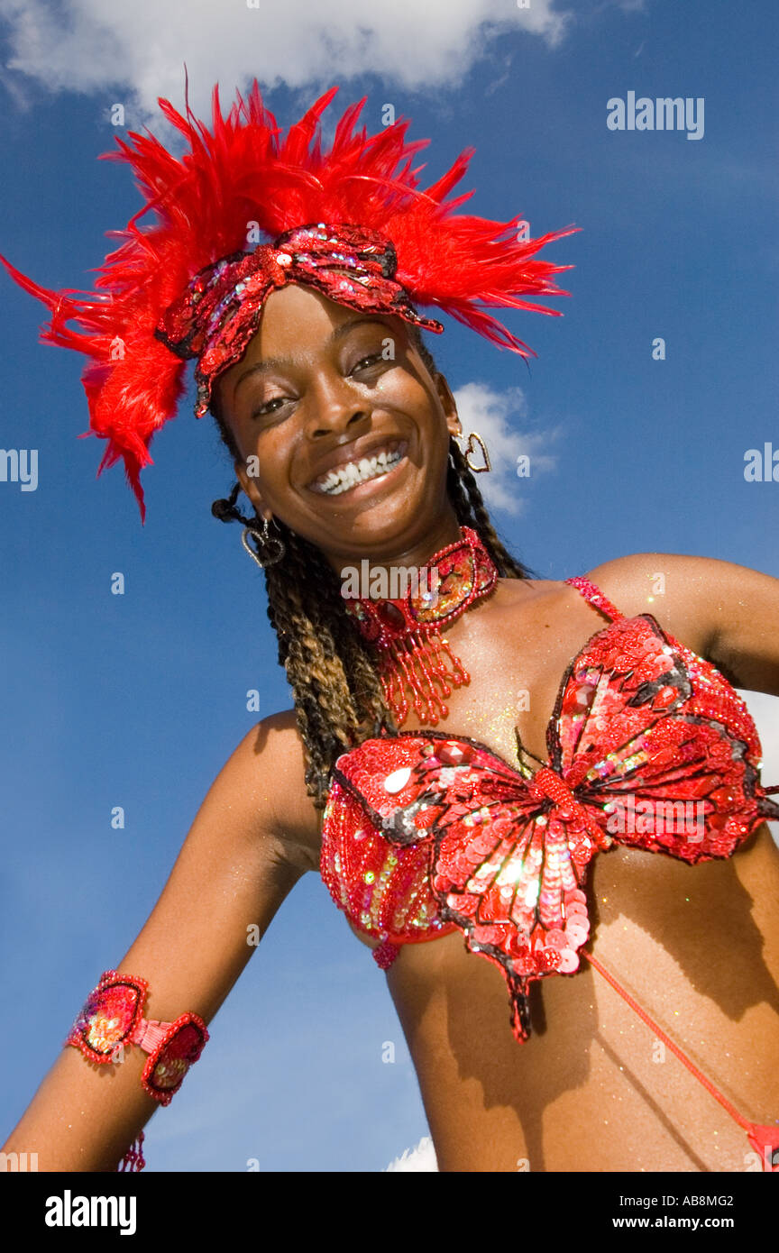 West Indies Port of Spain Trinidad Carnival Portrait of celebrating dancer on mainstage in colorful costume. Stock Photo