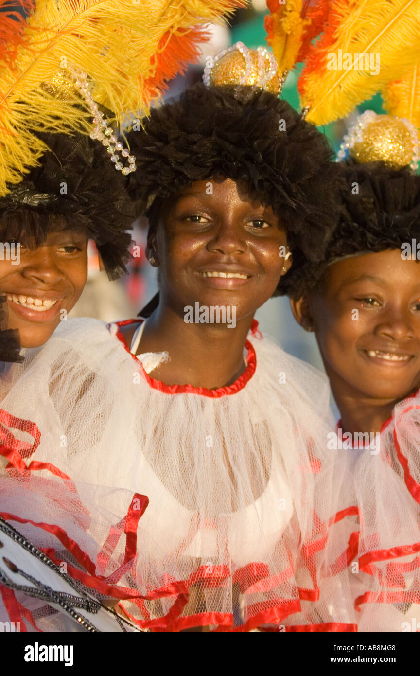 West Indies Port of Spain Trinidad Carnival Portrait of celebrating dancers on mainstage in colorful costumes. Stock Photo
