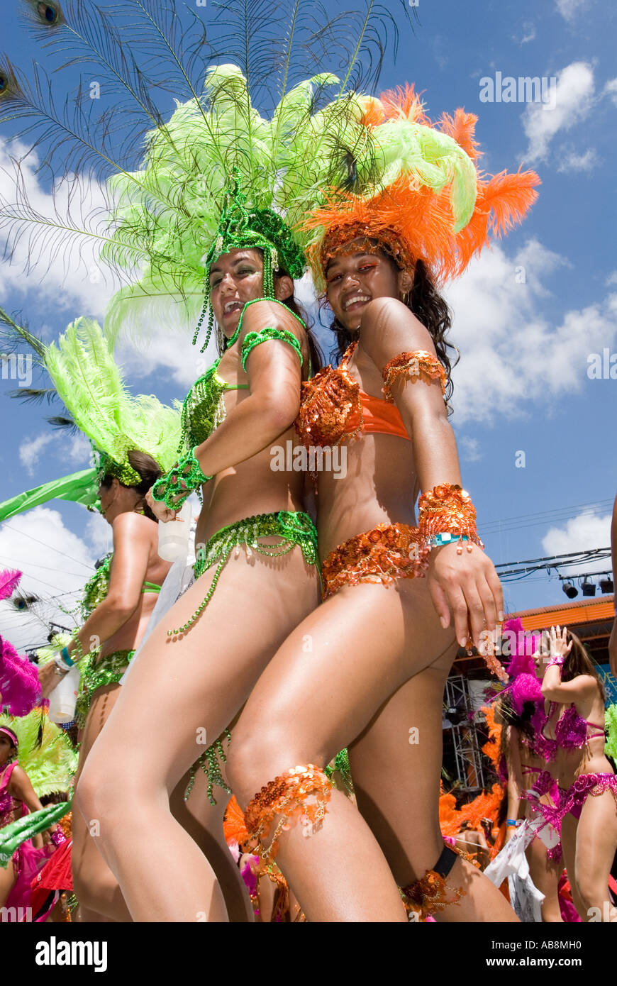 West Indies Port of Spain Trinidad Carnival Costumed women dancers on mainstage in colorful costumes. Stock Photo