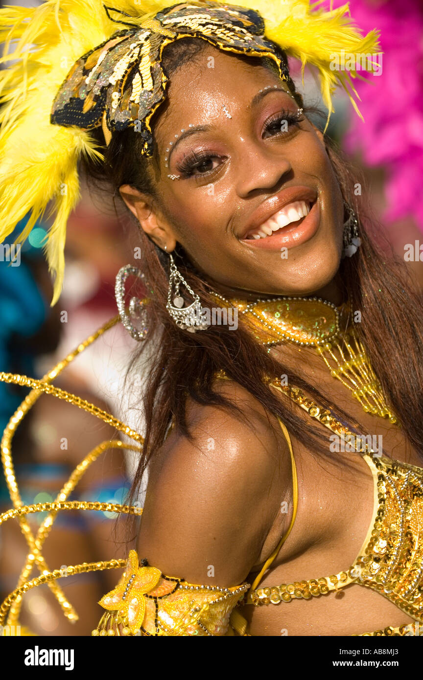 West Indies Port of Spain Trinidad Tobago Carnival 2006 Portrait of celebrating dancers on main stage in colorful costume. Stock Photo