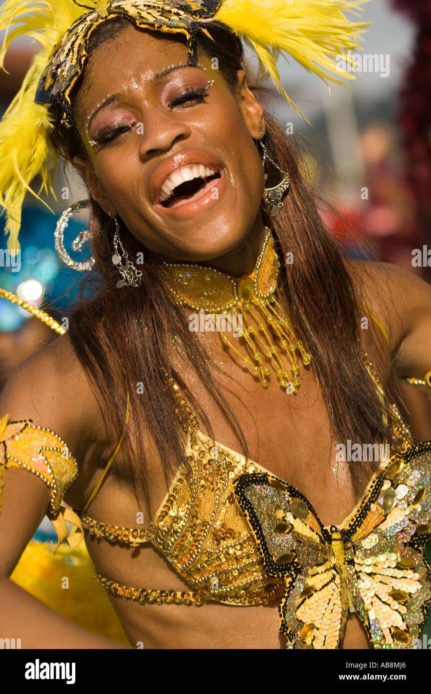 West Indies Port of Spain Trinidad Tobago Carnival 2006 Portrait of celebrating dancer on main stage in colorful costume. Stock Photo