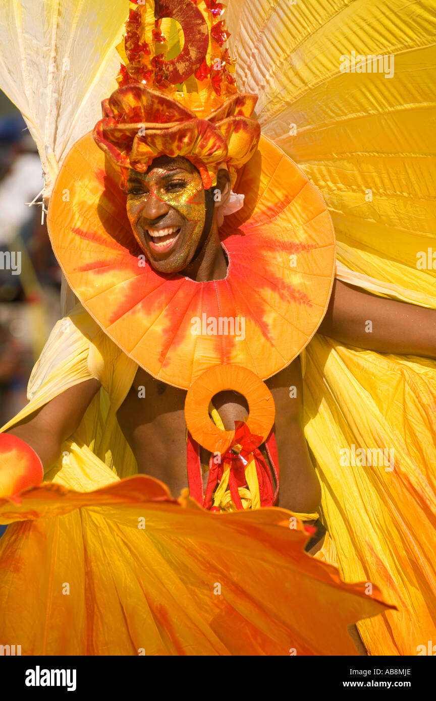 West Indies Port of Spain Trinidad Tobago Carnival 2006 Portrait of celebrating dancer on main stage in colorful costumes. Stock Photo