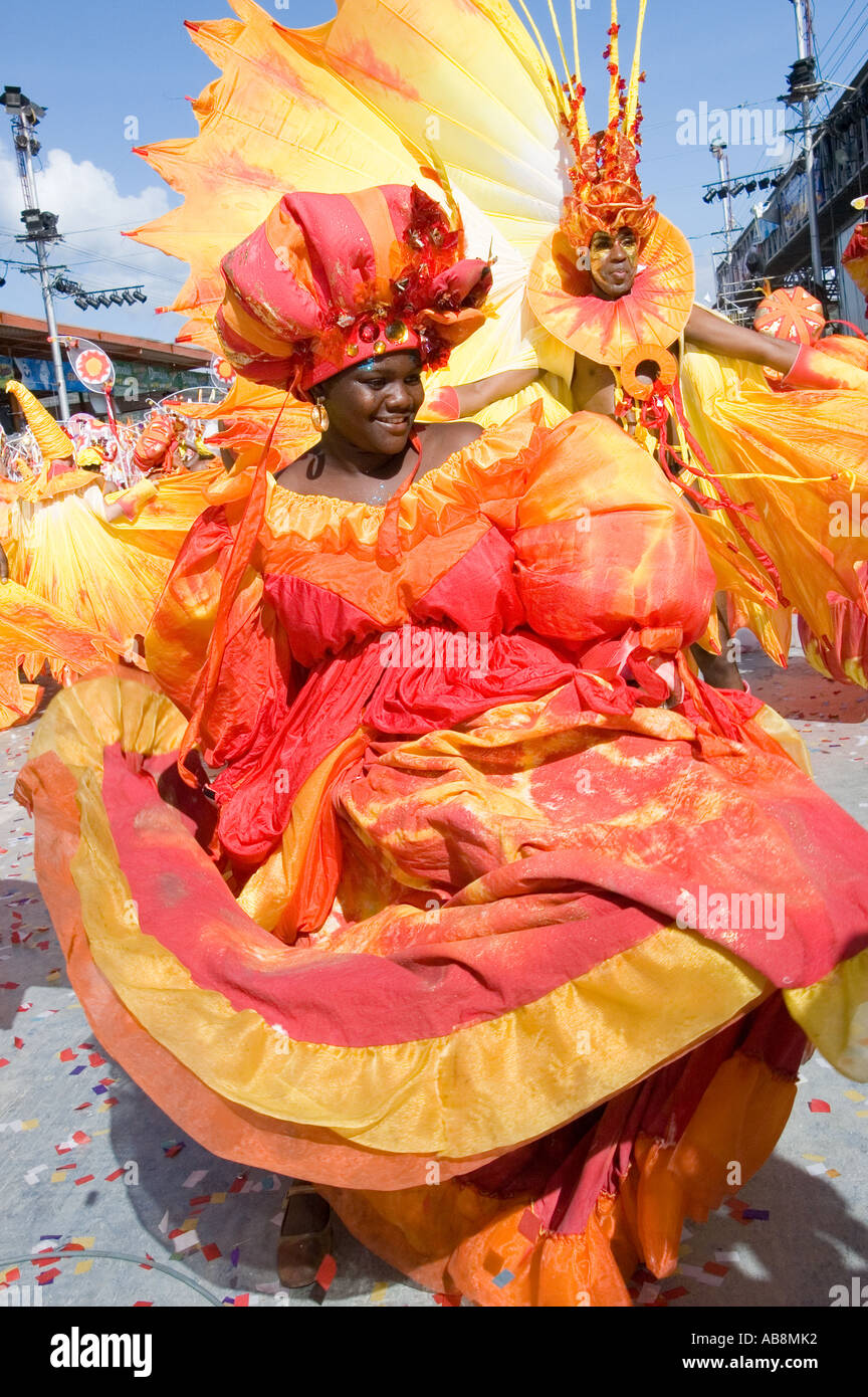 West Indies Port of Spain Trinidad Tobago Carnival 2006 Portrait of celebrating dancers on main stage in colorful costumes. Stock Photo