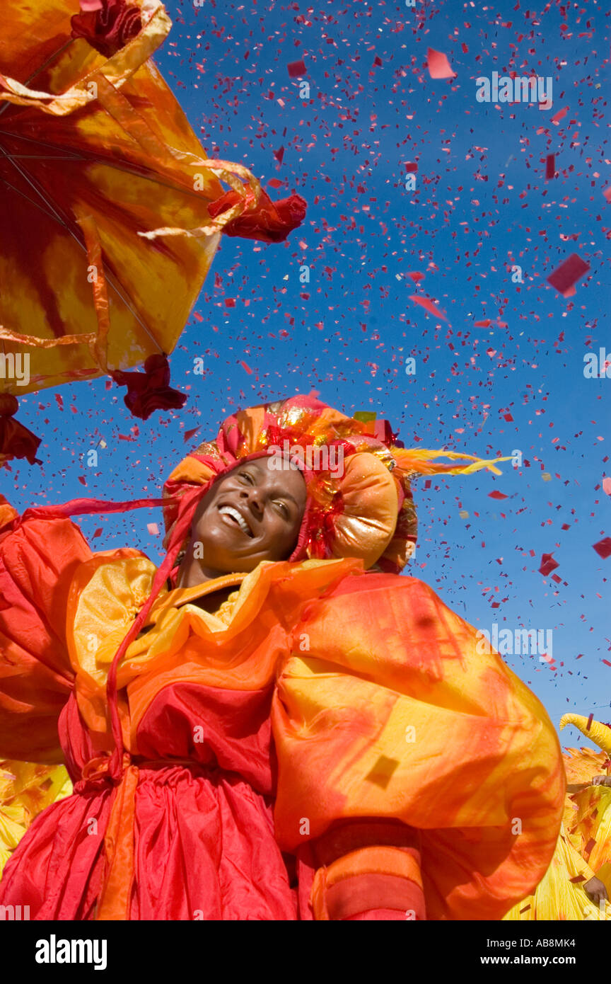 West Indies Port of Spain Trinidad Tobago Carnival Portrait of celebrating dancer on main stage in colorful costumes. Stock Photo