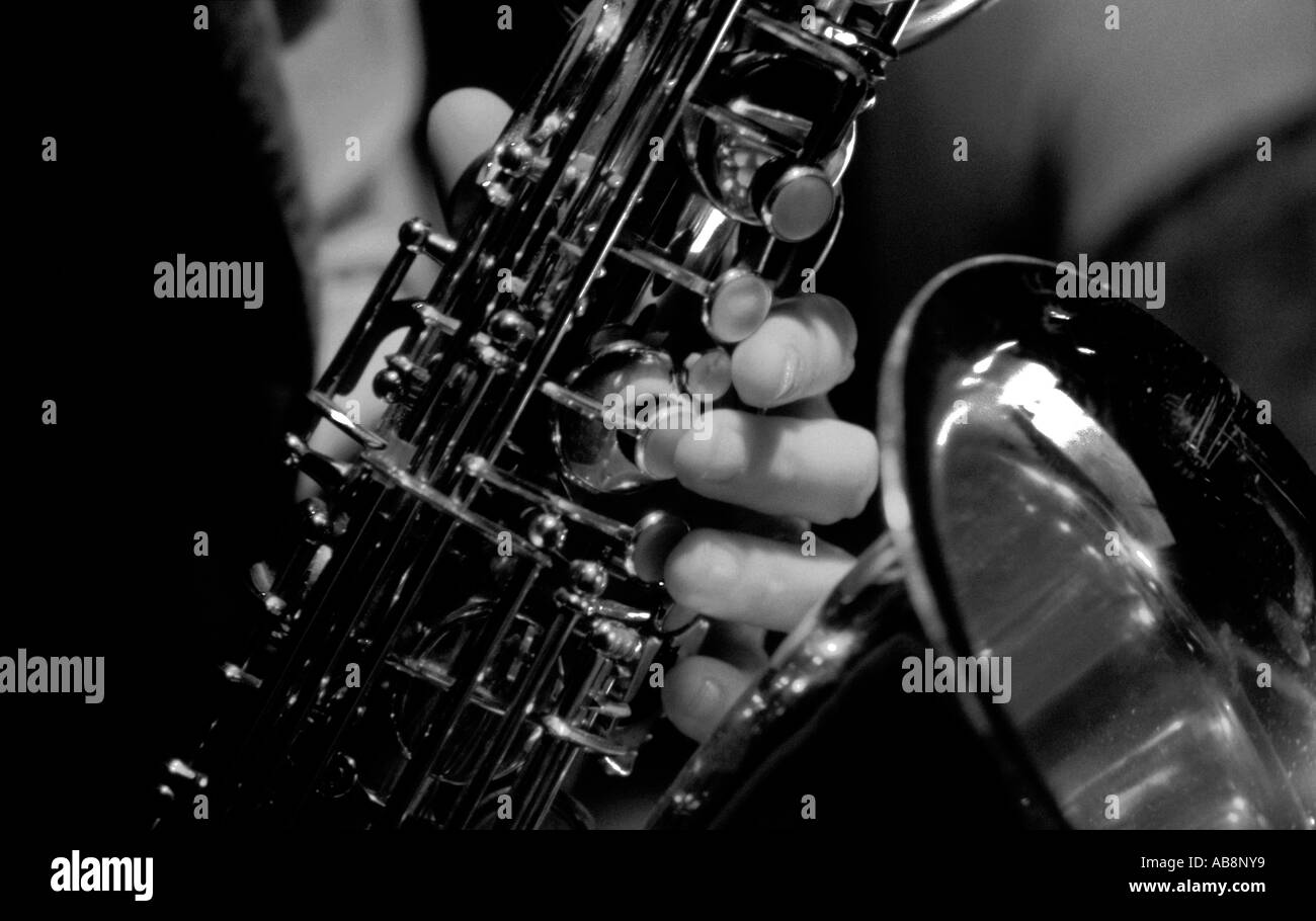Saxophonist hands monochrome Stock Photo Alamy