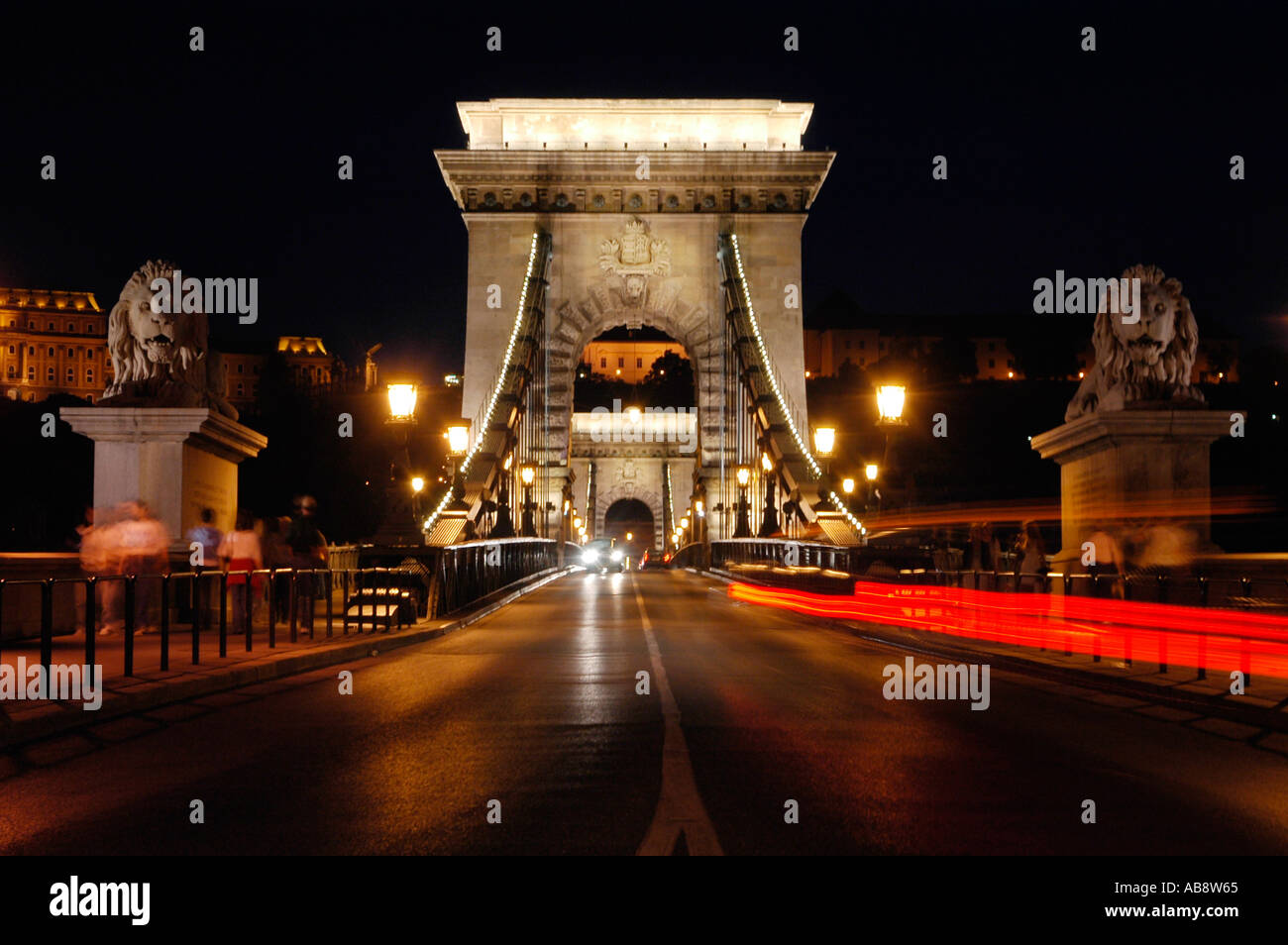 View at night of the Szechenyi Chain Bridge a suspension bridge that spans the River Danube between Buda and Pest in Budapest Hungary Stock Photo