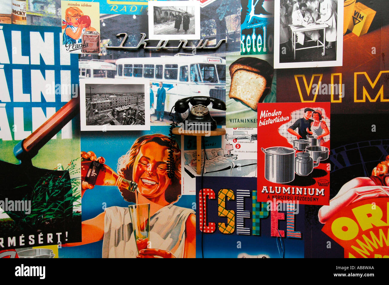 A collage of Hungarian communist era advertising posters displayed at ...