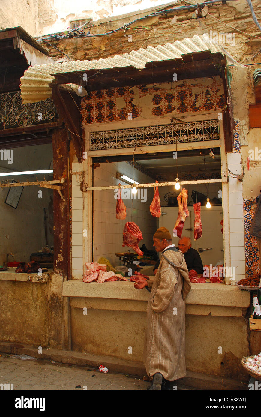Butcher shop Talaa Kebira Medina of Fez Morocco Stock Photo