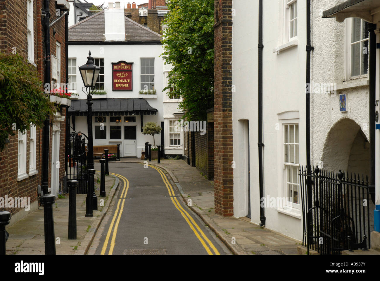 View along Holly Mount to the Holly Bush pub in Hampstead, London