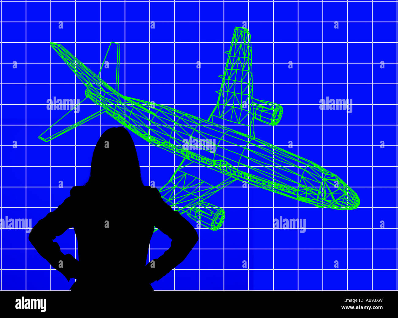 female aeronautical engineering  designer studying 3D wire frame jet airplane image on giant monitor screen Stock Photo