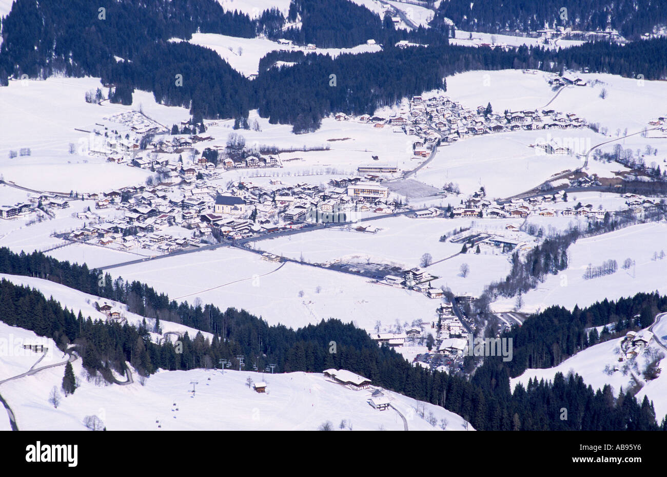 View of Soll Austria in Winter from Above Stock Photo