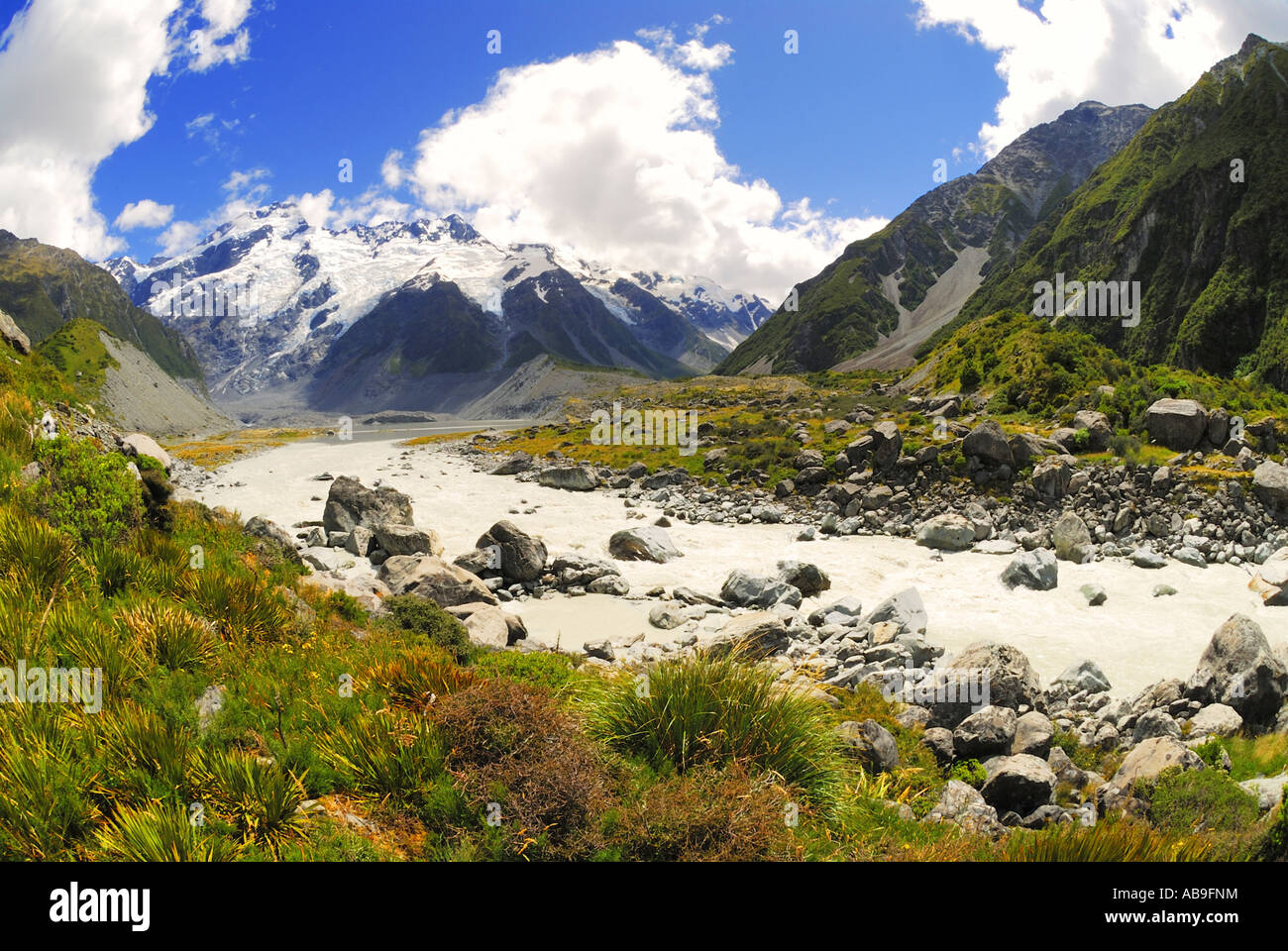 mountain scenery with Hooker River, Mount Sefton and Hooker Valley, New Zealand, South West, Mount Cook National Park, Canterbu Stock Photo