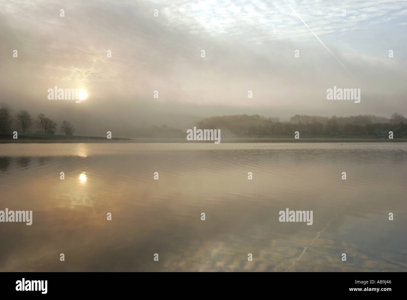 lake in morning mist Stock Photo - Alamy