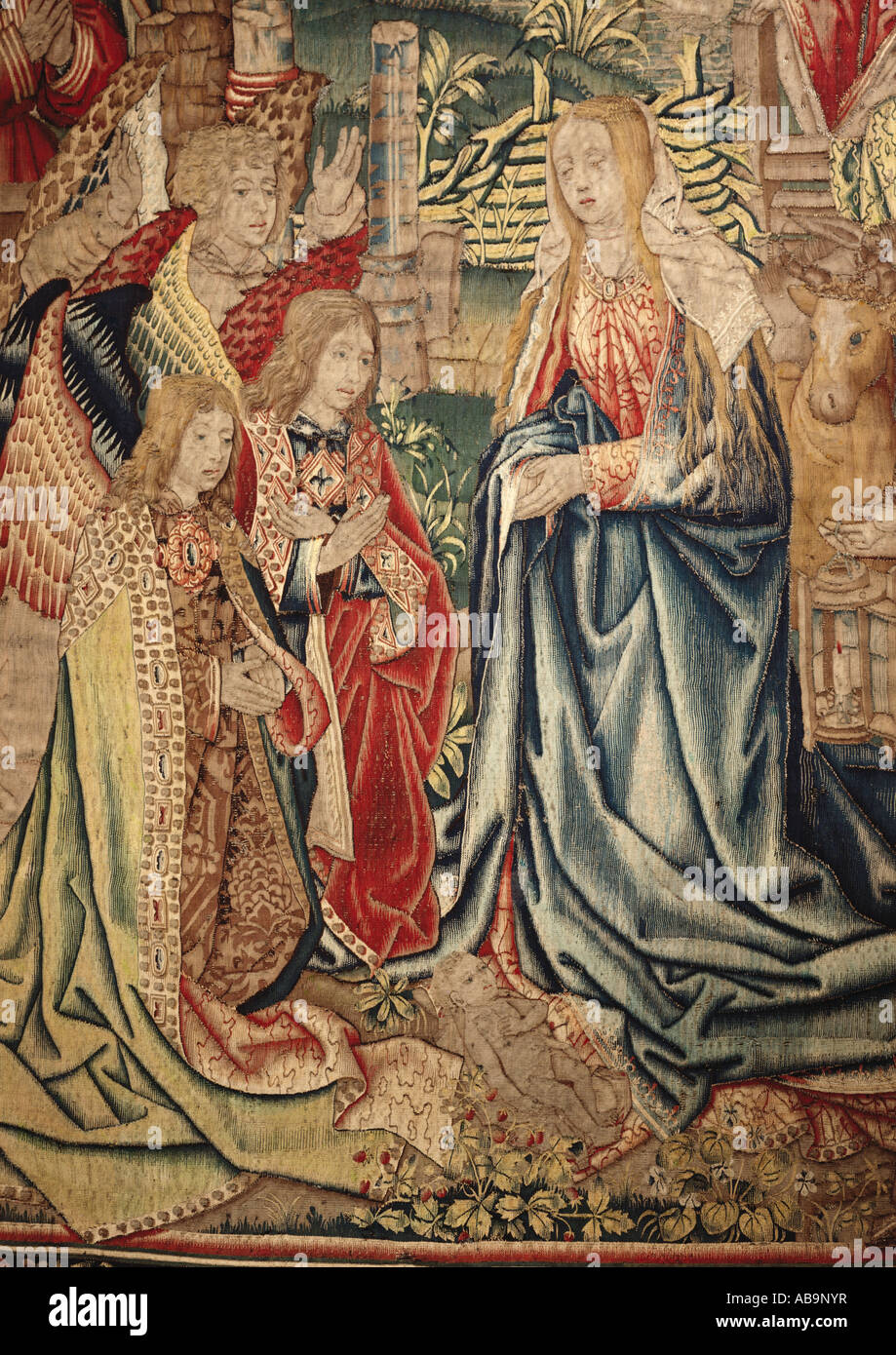 fine arts, religious art, Jesus Christ, adoration of the child, detail,  tapestry, Brussels, circa 1505,  Bavarian National Museum, Munich, , Artist's Copyright has not to be cleared Stock Photo