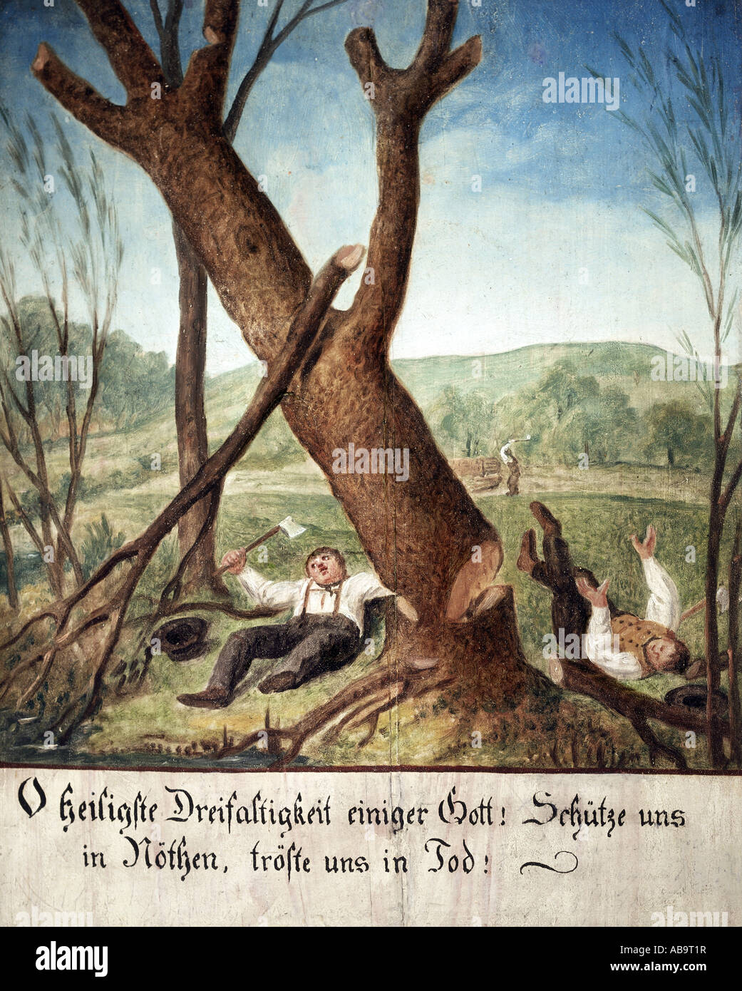 fine arts, religious art, accident while felling trees, painting on wood, Lower Austria, circa 1900, Museum of European Cultures, Berlin, , Artist's Copyright has not to be cleared Stock Photo