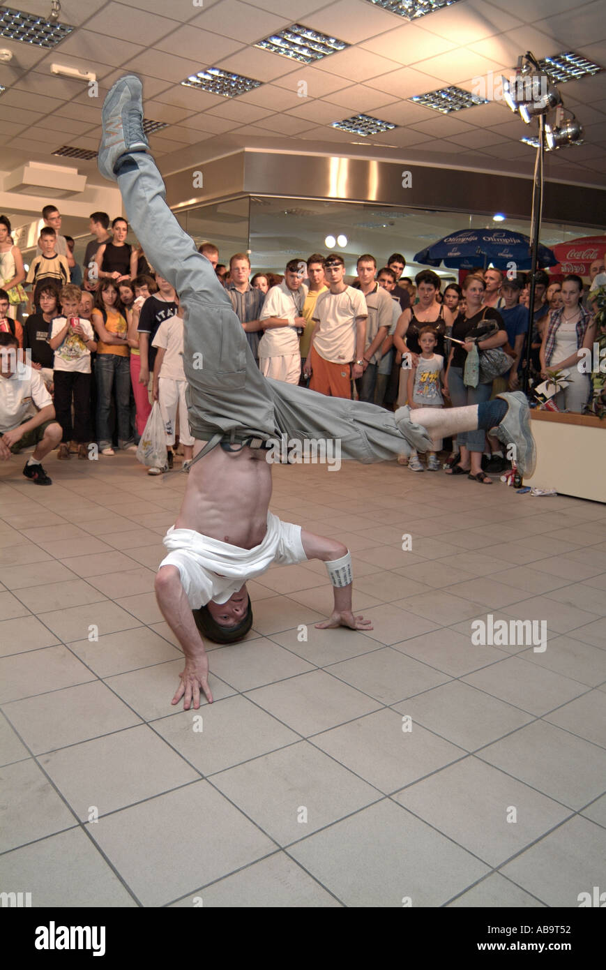 Breakdancer Entertains the Public at a Shopping Mall Stock Photo