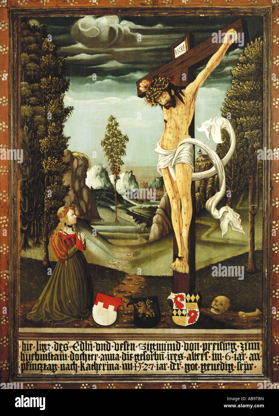 fine arts, religious art, Jesus Christ at the cross, epithaph of Anna von Preysing, painting on wood, 1527, Museum Mühldorf am Inn, , Artist's Copyright has not to be cleared Stock Photo