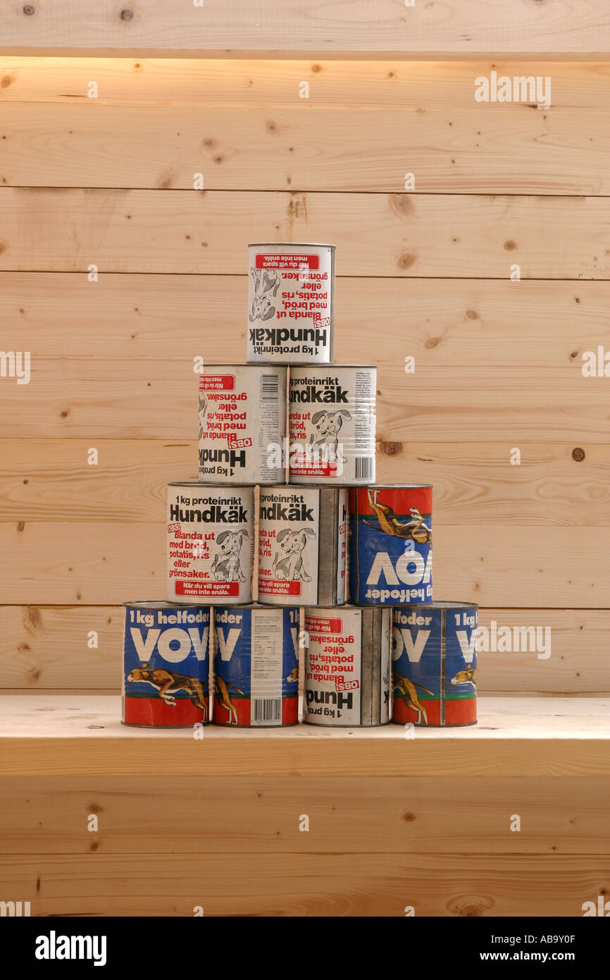 Pyramid of emty cans to throw balls at Stock Photo