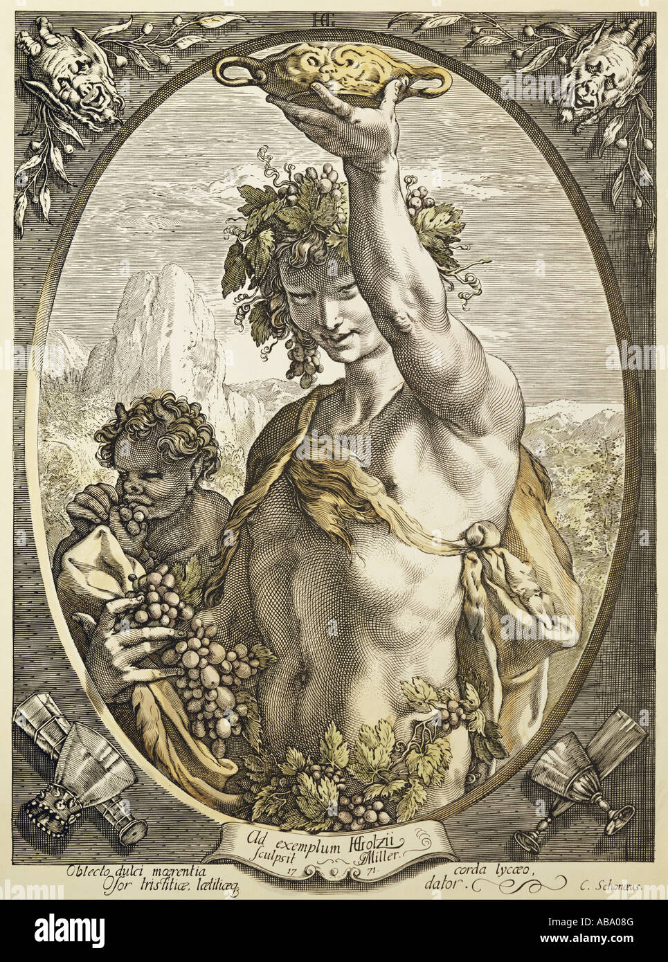 Dionysos (Latin: Bacchus), Greek god of wine, coloured engraving by Miller, after Henrik Goltzius, Netherlands, 1771, private collection, half length, Artist's Copyright has not to be cleared Stock Photo