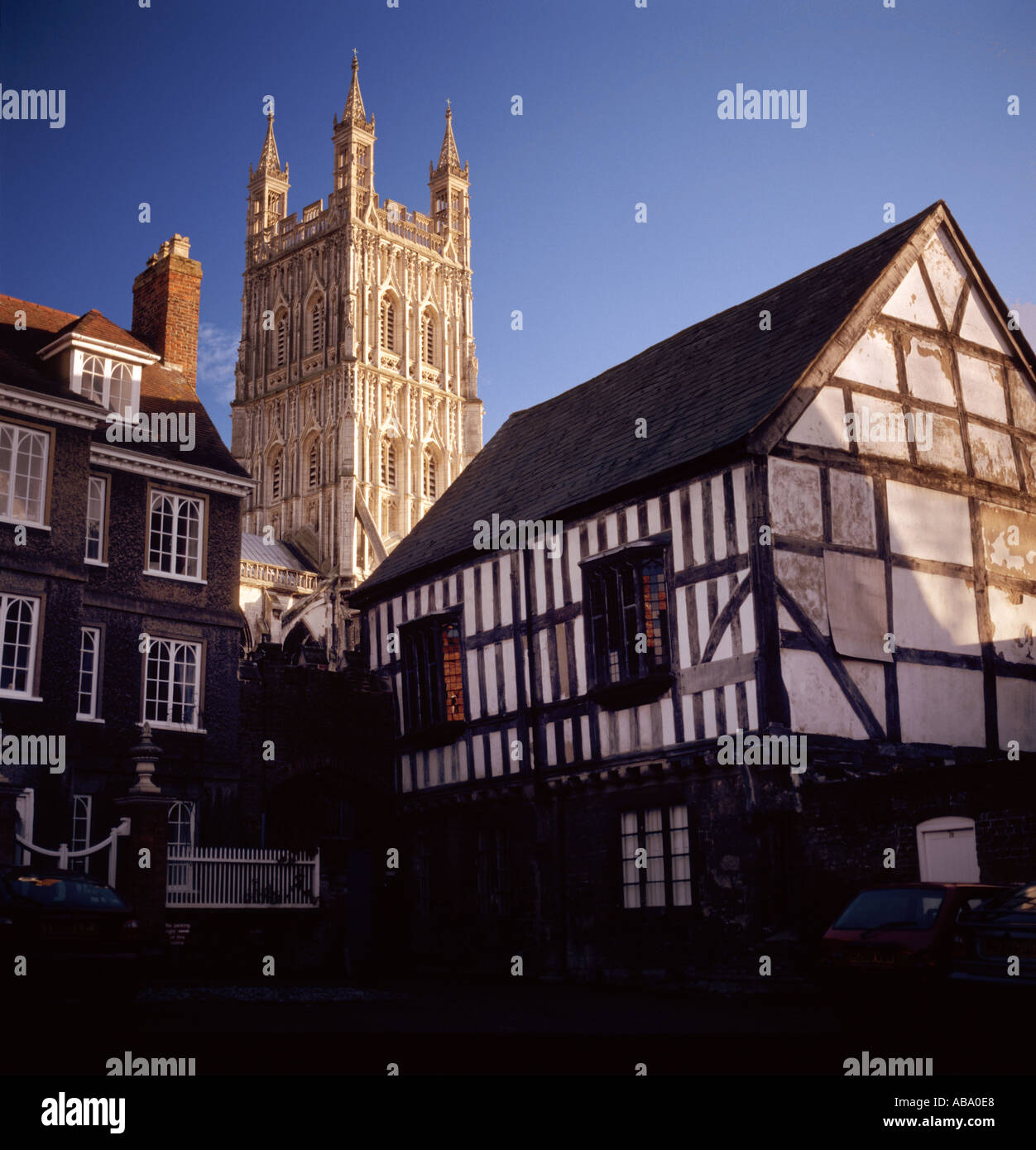 Gloucester Cathedral tower seen from Millers Green Stock Photo - Alamy