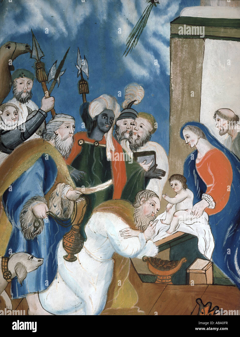 fine arts, religious art, Jesus Christ, adoration of the magi, glass painting, 1st half 19th century, Museum Oberammergau,  , Artist's Copyright has not to be cleared Stock Photo