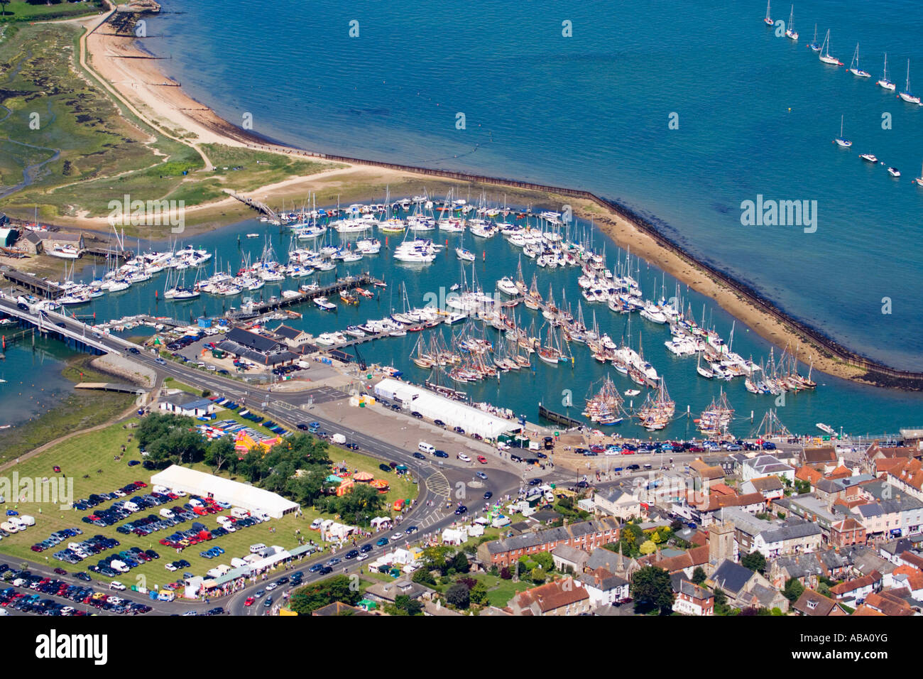 Aerial view. Yarmouth harbour, marina and properties. Isle of Wight. UK