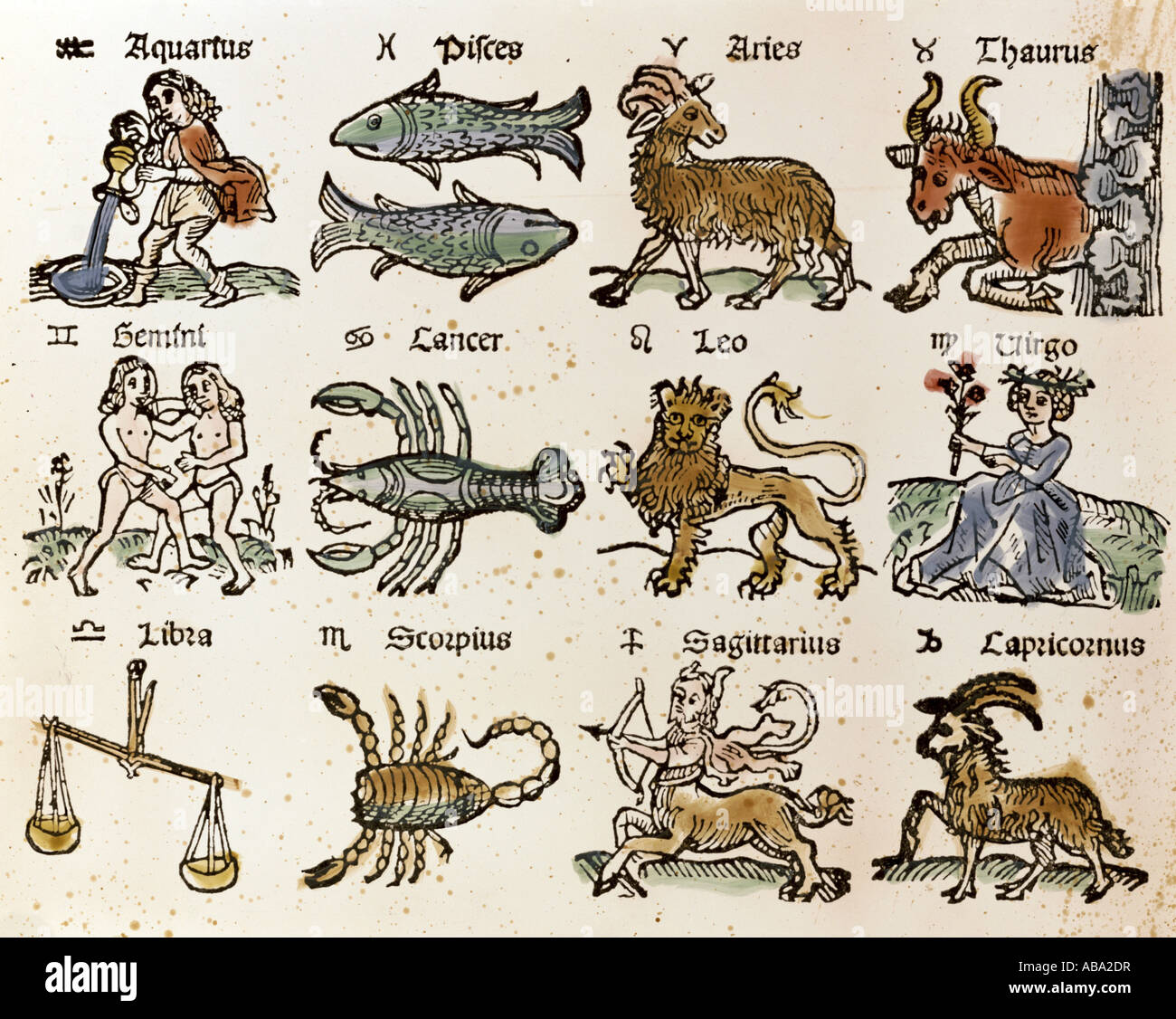 astrology, zodiac signs, coloured woodcut, calendar', Germany, 1st half 16th century, private collection, , Stock Photo