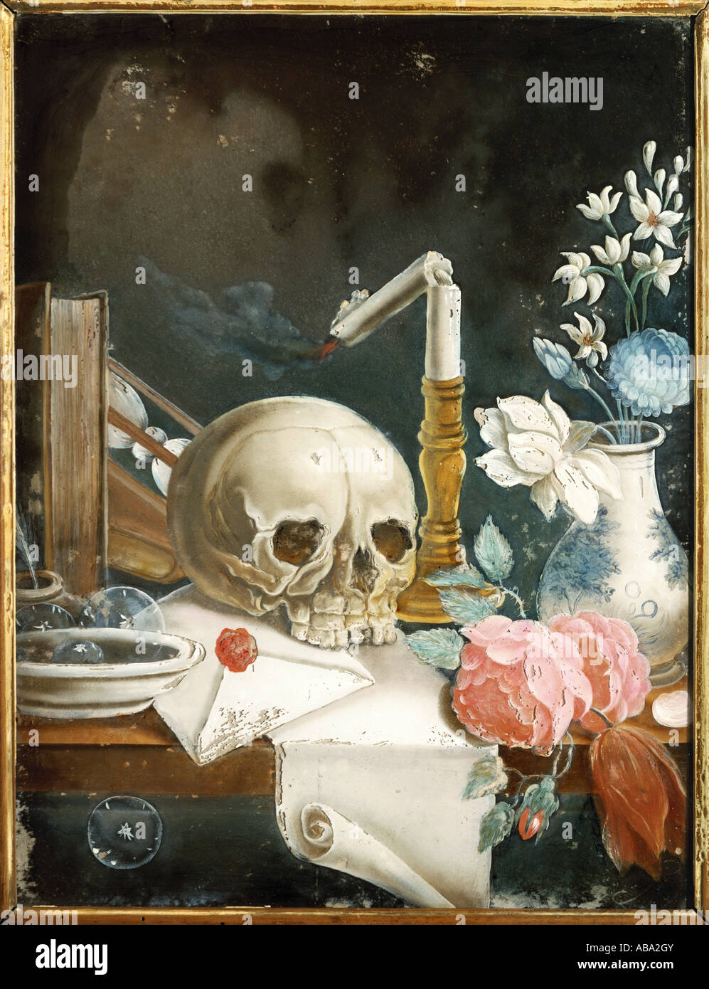 fine arts, religious art, vanitas, still life with scull and hourglass, glass painting, Bavaria, 18th century, , Artist's Copyright has not to be cleared Stock Photo