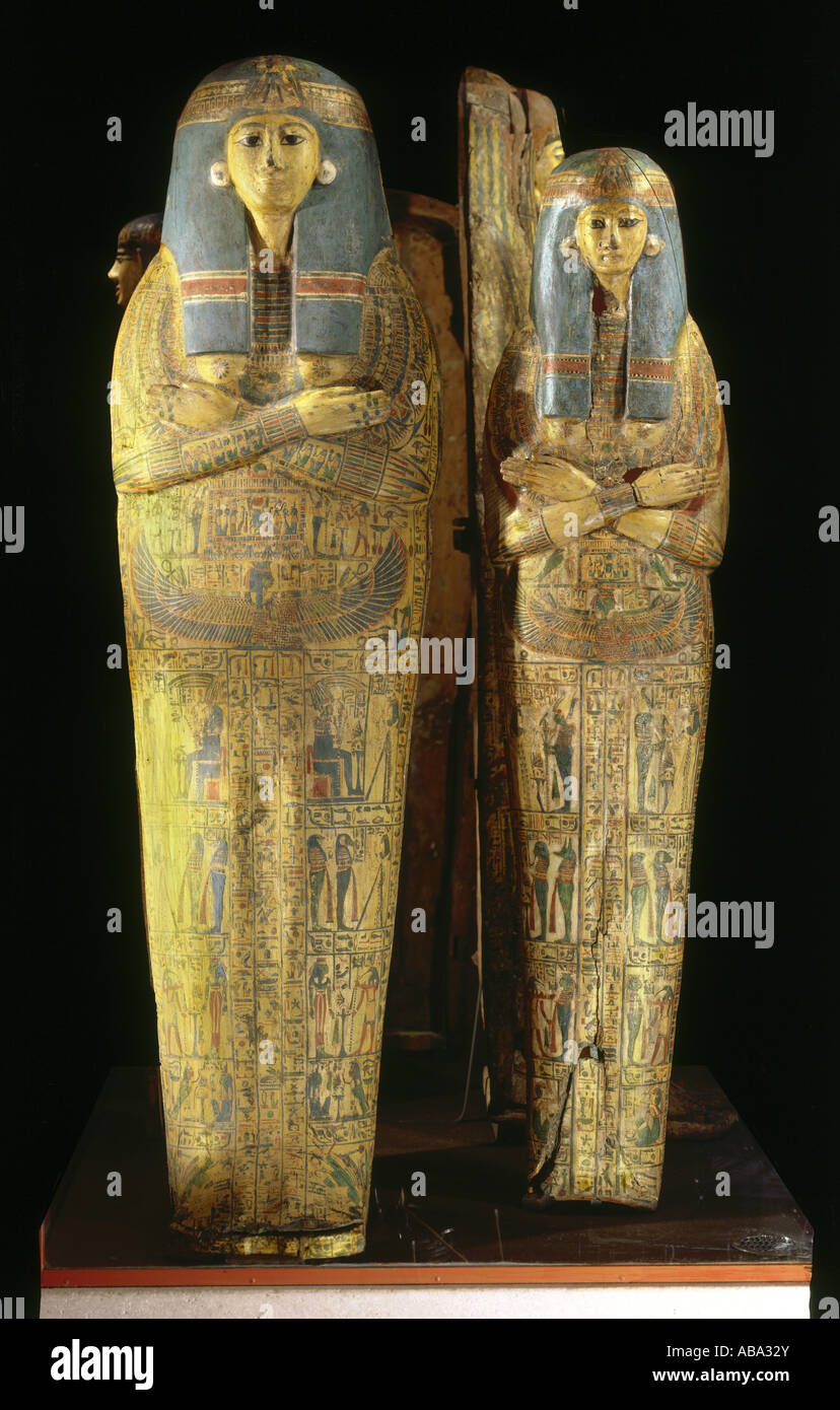 geography/travel, Egypt, sarcophagus of Herit-Ubechet, musician of Amon-Ra, painted sycomore wood, Deir el-Bahari, circa 1200 BC, 21st dynasty, State Collection of Egyptian Art, Munich, New Kingdom, ancient world, painting, fine arts, historic, historical, Heritubechet, Herit Ubechet, el Bahari, ancient world, Stock Photo